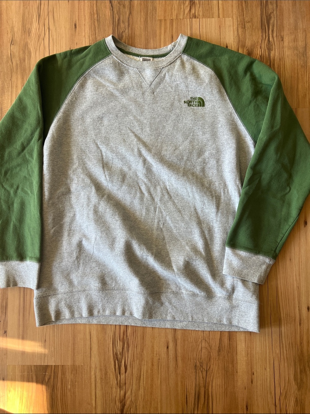 The North Face Men's Heather Gray Crewneck with Olive Green Raglan Sleeves